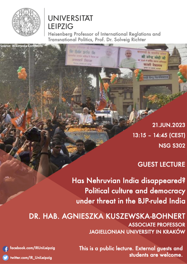 zur Vergrößerungsansicht des Bildes: Zu sehen ist ein Poster für einen Gastvortrag zum Thema: Has Nehruvian India disappeared? Political culture and democracy under threat in the BJP-ruled India